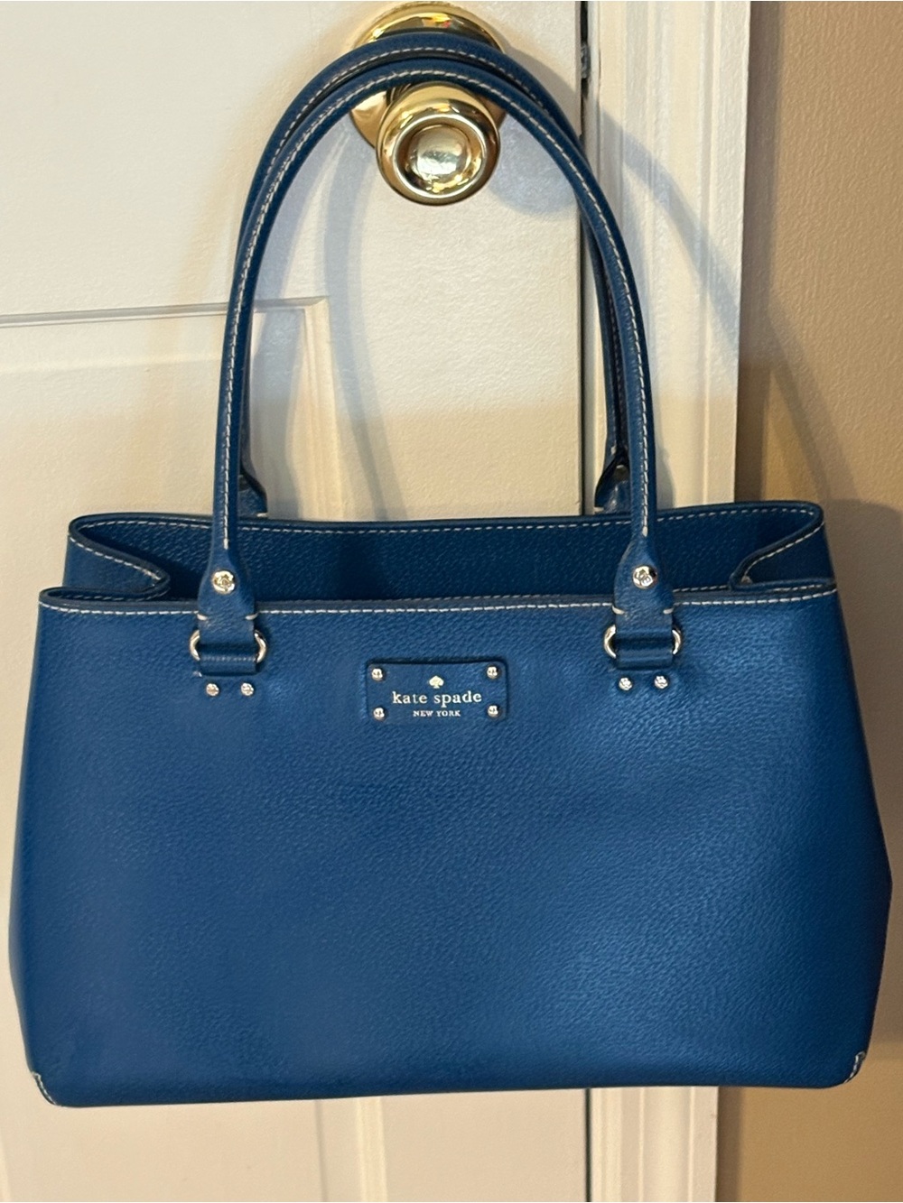 kate spade blue leather tote with silver hardware